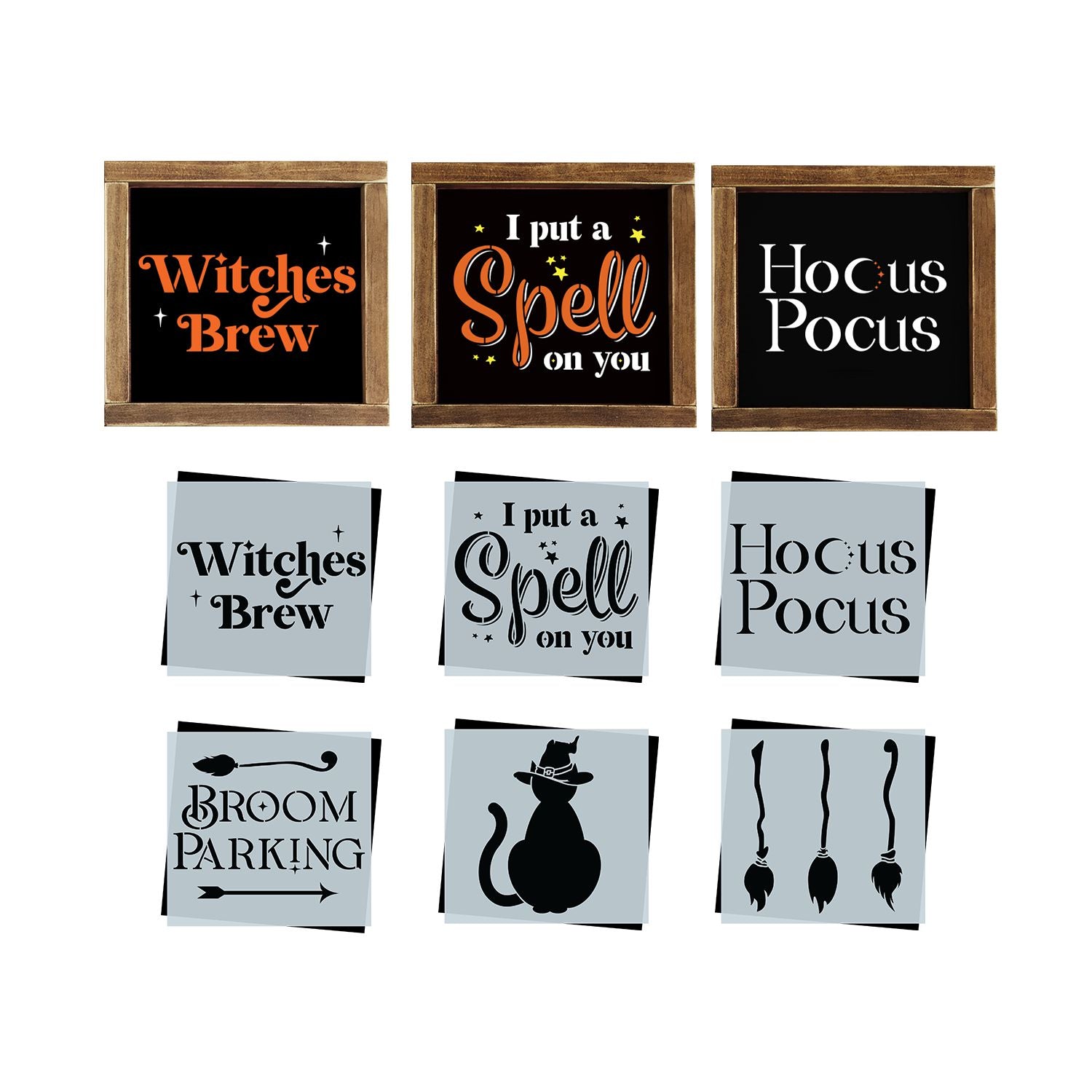 DIY reusable Halloween wood sign stencils, halloween mylar stencils, Witches brew wood sign stencil, i put a spell on you wood sign stencil, hocus pocus wood sign stencil, black hat silhouette with witch hat cut out, broom parking wood sign stencil, 3 witches brooms silhouette cut outs, 