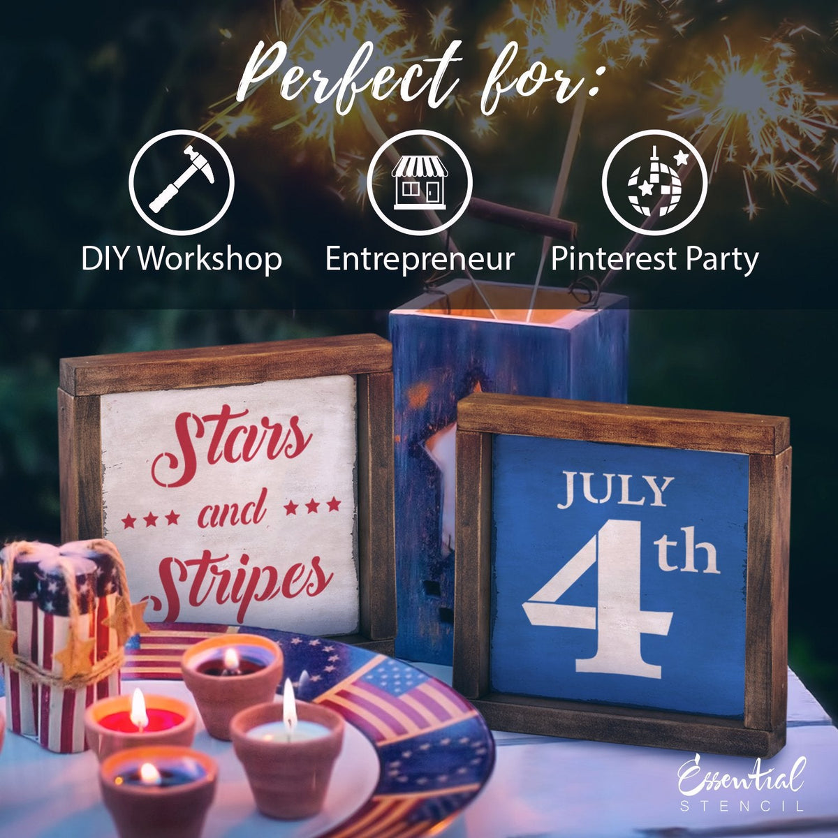 Reusable Patriotic sign stencils for painting on wood, DIY 4th of July home decor, July 4th, Stars and stripes, USA, United States silhouette, Betsy ross 13 star, land of the free because of the brave stencil