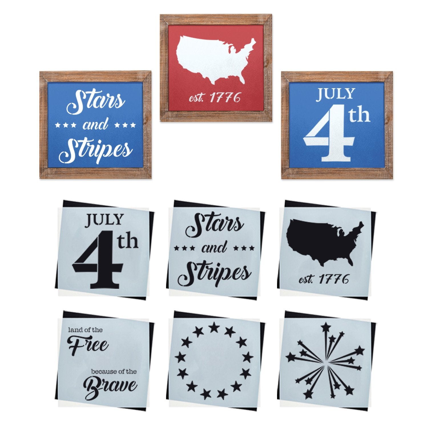 Reusable Patriotic sign stencils for painting on wood, DIY 4th of July home decor, July 4th, Stars and stripes, USA, United States silhouette, Betsy ross 13 star, land of the free because of the brave stencil