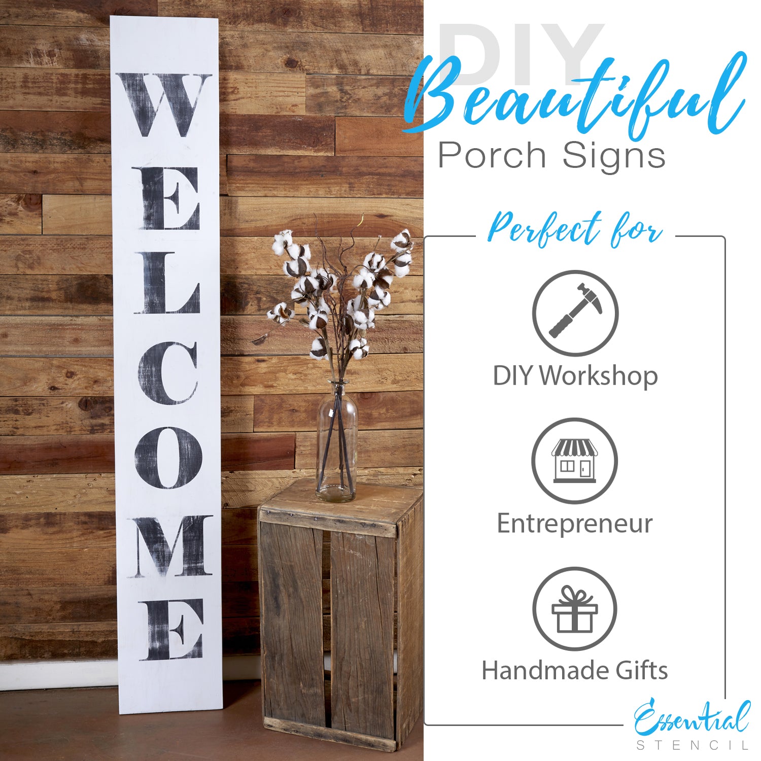 Large Vertical Welcome Sign Stencils for Painting on Wood and More - Create Beautiful Wood Signs with This Large Welcome Stencil – Set of 3