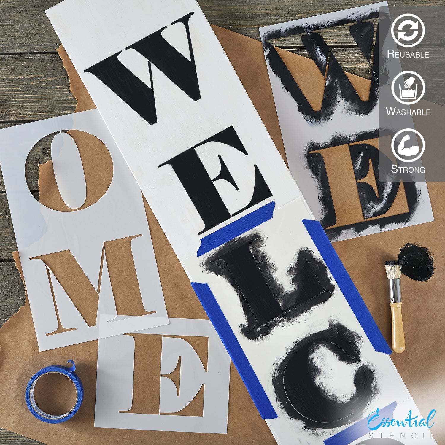 Welcome Stencil 3 PCS Large Letter Stencils for Porch Sign AZDIY Reusable  Stencils for Painting on Wood, Outdoor Welcome Stencil Vertical 