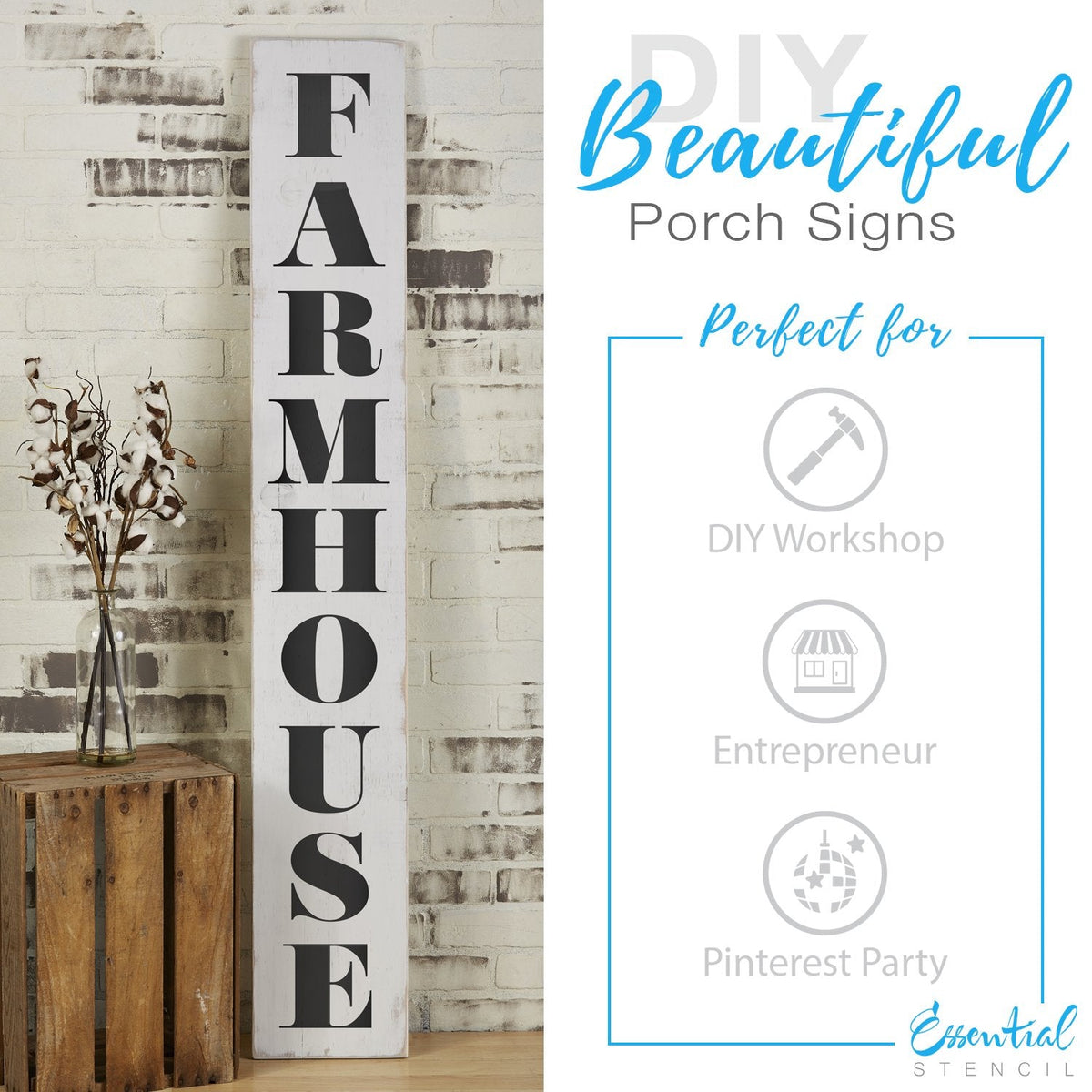 Reusable 5 inch Alphabet letter stencils for DIY Farmhouse wood signs, Ideal use: Vertical porch signs | Vintage, Country, Custom design, last name stencil, DIY Farmhouse Vertical Front Porch Leaner Signs