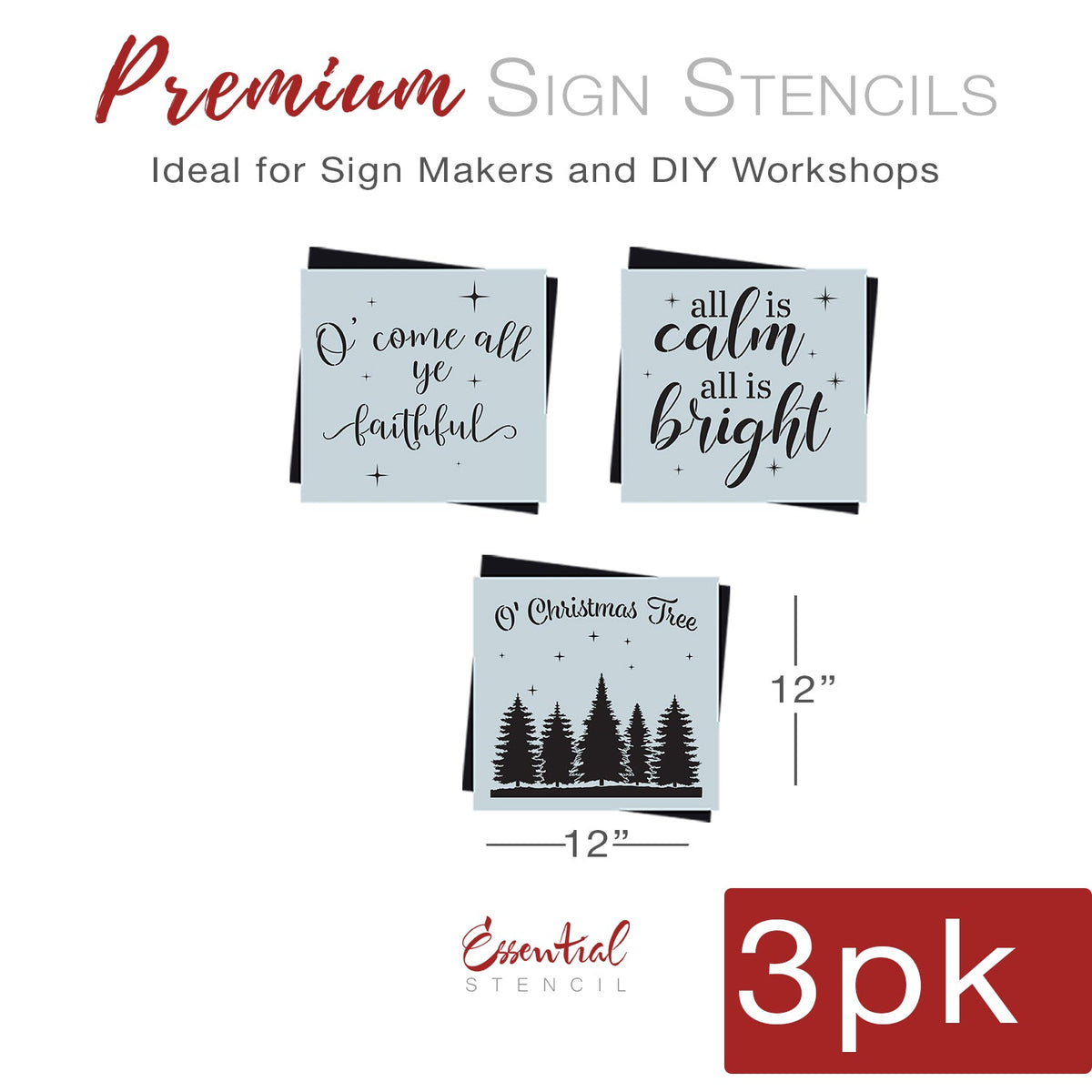 diy reusable farmhouse Christmas wood sign stencils, O' come all ye faithful wood sign stencil, all is calm all is bright wood sign stencil, O' Christmas tree with tree silhouette wood sign stencil