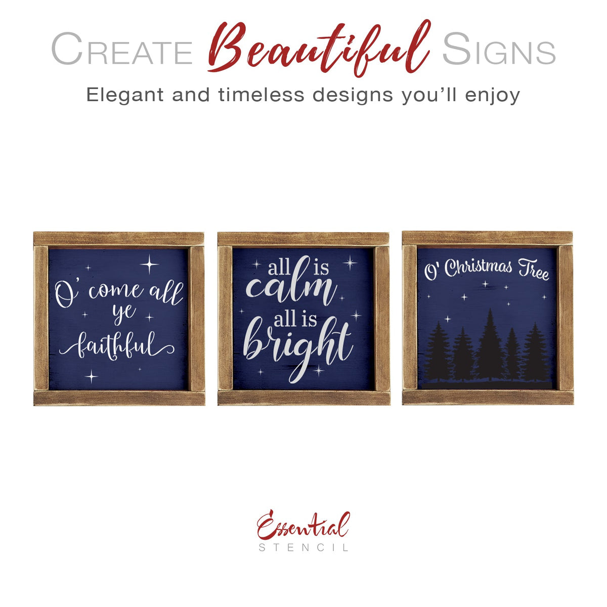 diy reusable farmhouse Christmas wood sign stencils, O' come all ye faithful wood sign stencil, all is calm all is bright wood sign stencil, O' Christmas tree with tree silhouette wood sign stencil