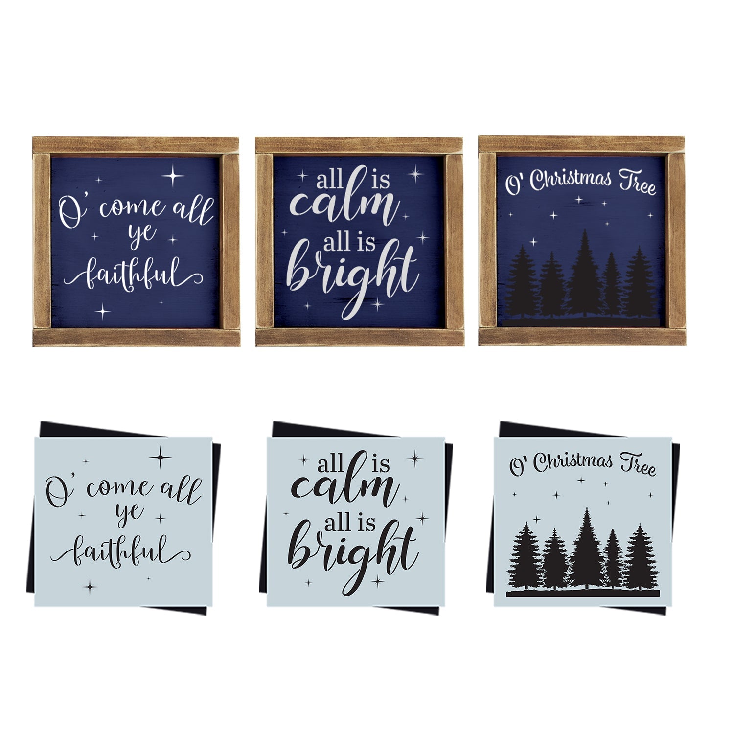 diy reusable farmhouse Christmas wood sign stencils, O' come all ye faithful wood  sign stencil, all is calm all is bright wood sign stencil, O' Christmas tree with tree silhouette  wood sign stencil