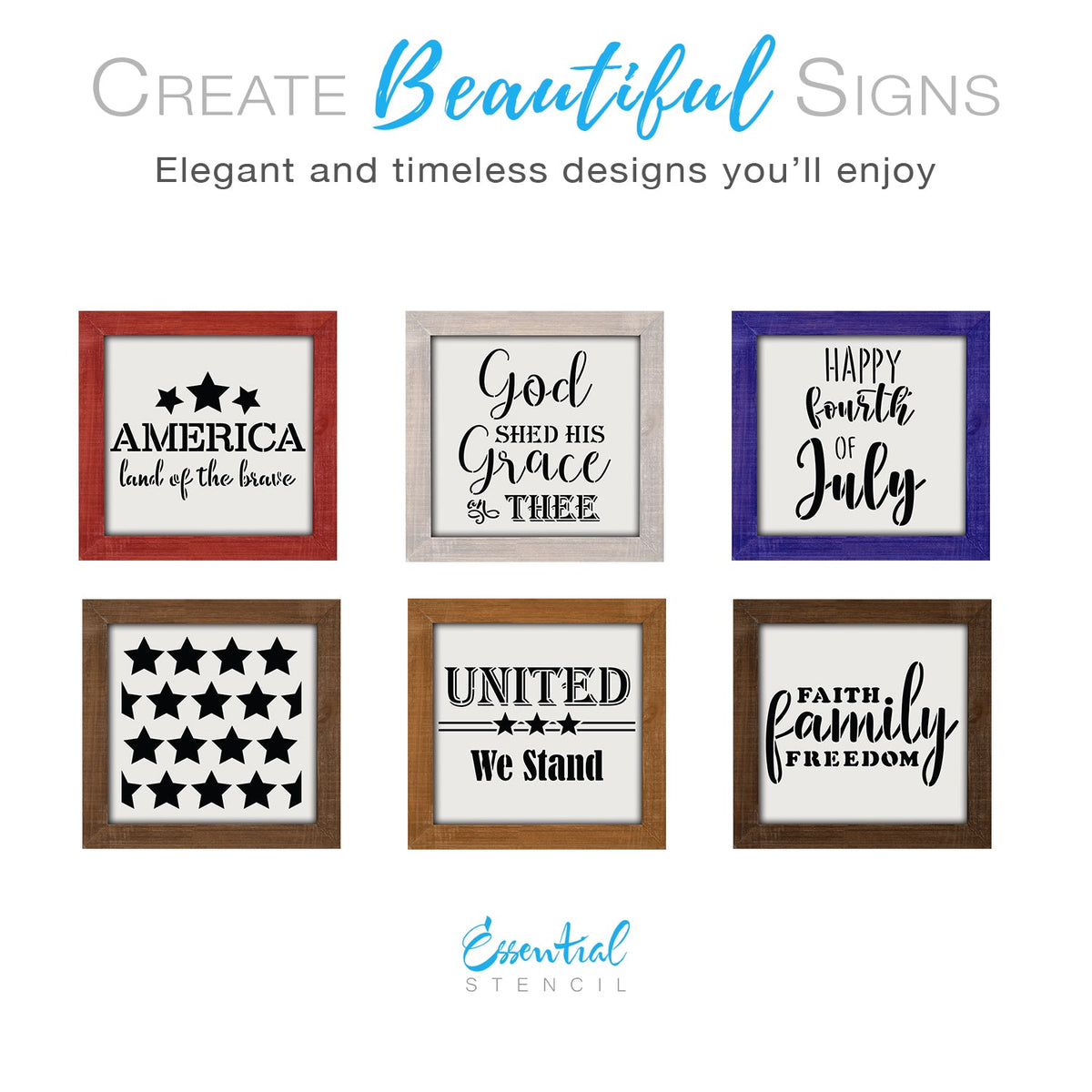 DIY reusable Patriotic mini wood sign stencils, Fourth of July tiered tray sign stencils, fourth of july diy craft ideas for kids, America land of the brave mini wood sign stencil, god shed his grace on thee mini wood sign stencil, happy fourth of july mini sign stencil, united we stand mini sign stencil, faith family freedom mini sign stencil, American flag stars mini wood sign, Veteran gift ideas