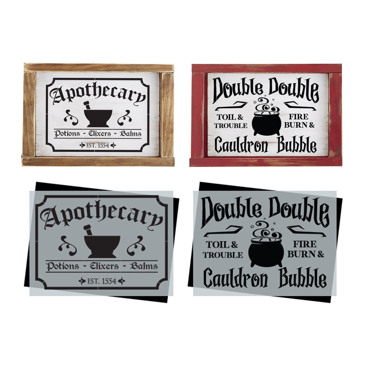 DIY reusable Halloween stencils, Apothecary sign stencil, Double Double toil and trouble fire burn and cauldron bubble sign stencil, Witch sign stencils