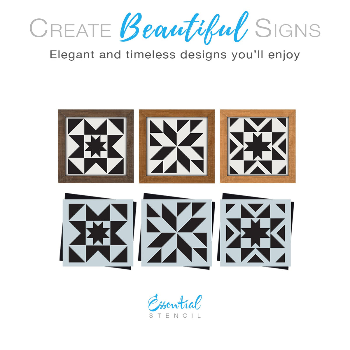 DIY reusable farmhouse barn quilt stencils, geometric home sign stencils, mini rustic home decor sign stencils, diy boho decor, diy country decor, wall art barn quilt stencils