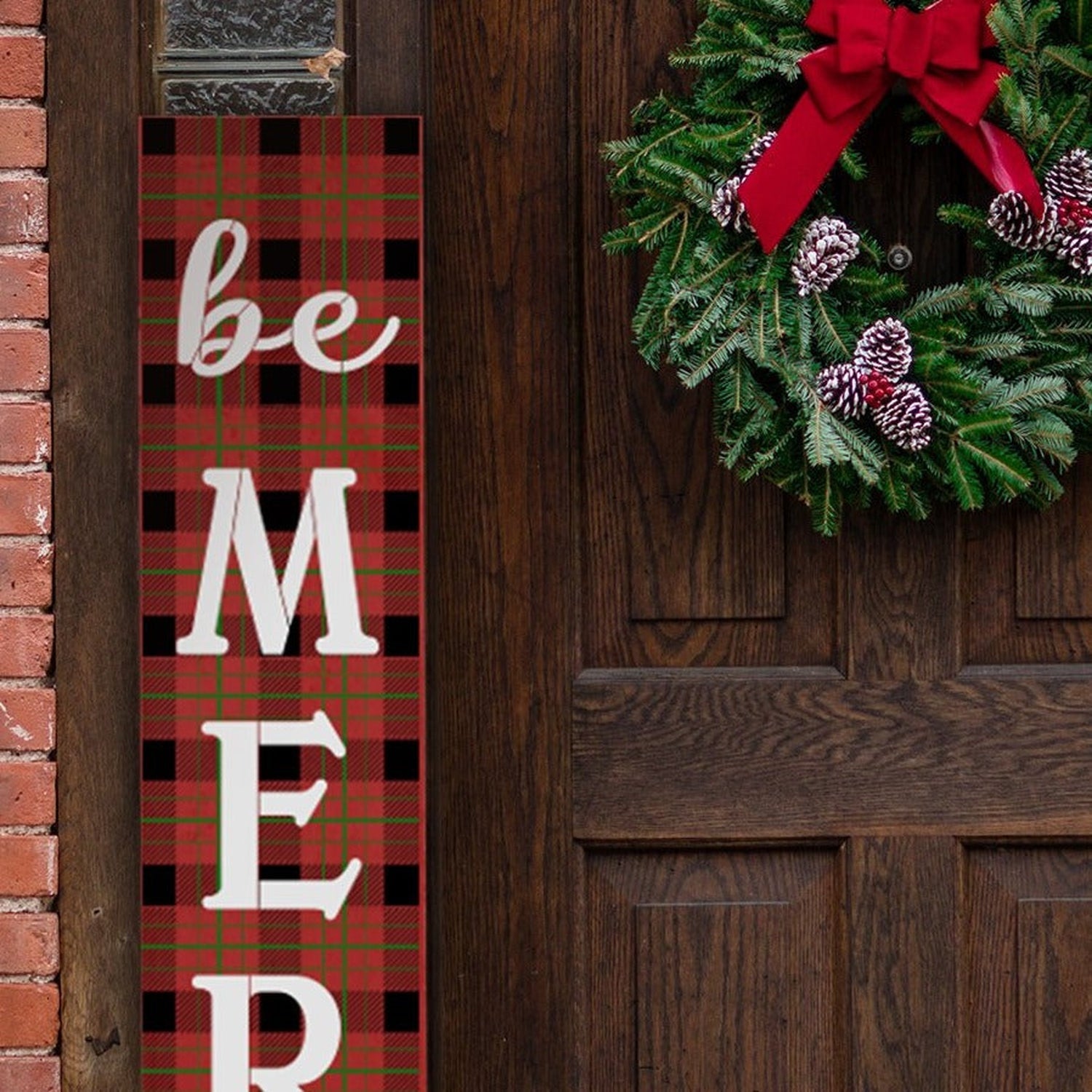 DIY reusable Farmhouse Christmas porch leaner sign stencils, be merry vertical porch sign, 4ft christmas porch signs, buffalo check pattern stencil, plaid stencil, four foot buffalo check be merry vertical porch sign