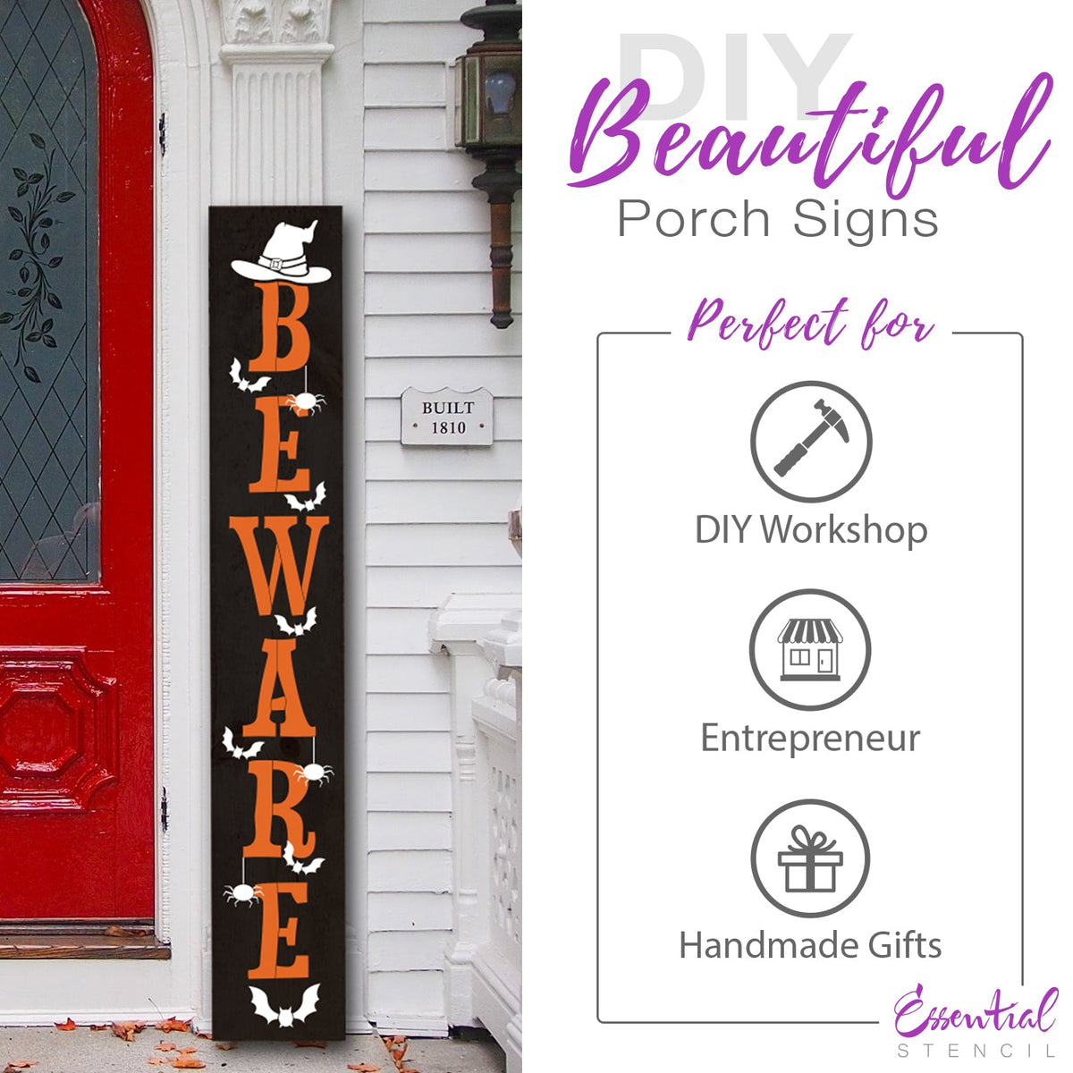 diy 5ft vertical halloween porch signs, 5ft vertical beware porch leaner, halloween diy front porch decor, porch leaners, vertical porch signs