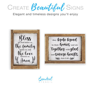 DIY reusable farmhouse scripture stencils, Bless the food before us sign stencil, bless the food before us, the family beside us, and the love between us amen diy home decor sign stencil, kitchen signs, diy kitchen decor, they broke bread in their homes and ate together with glad and sincere hearts acts 2:46 kitchen sign stencil, christian home signs stencils