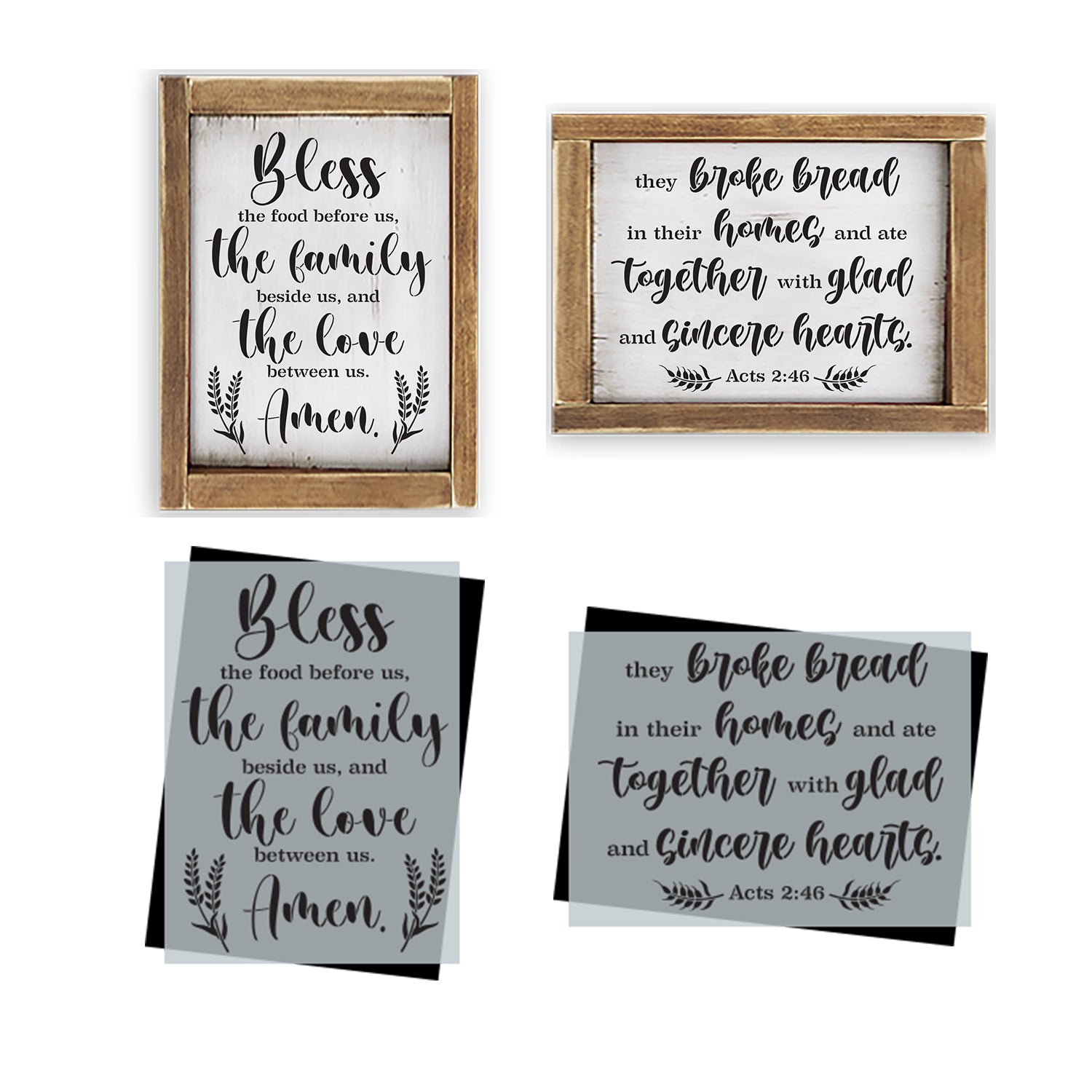 DIY reusable farmhouse scripture stencils, Bless the food before us sign stencil, bless the food before us, the family beside us, and the love between us amen diy home decor sign stencil, kitchen signs, diy kitchen decor,  they broke bread in their homes and ate together with glad and sincere hearts acts 2:46 kitchen sign stencil, christian home signs stencils