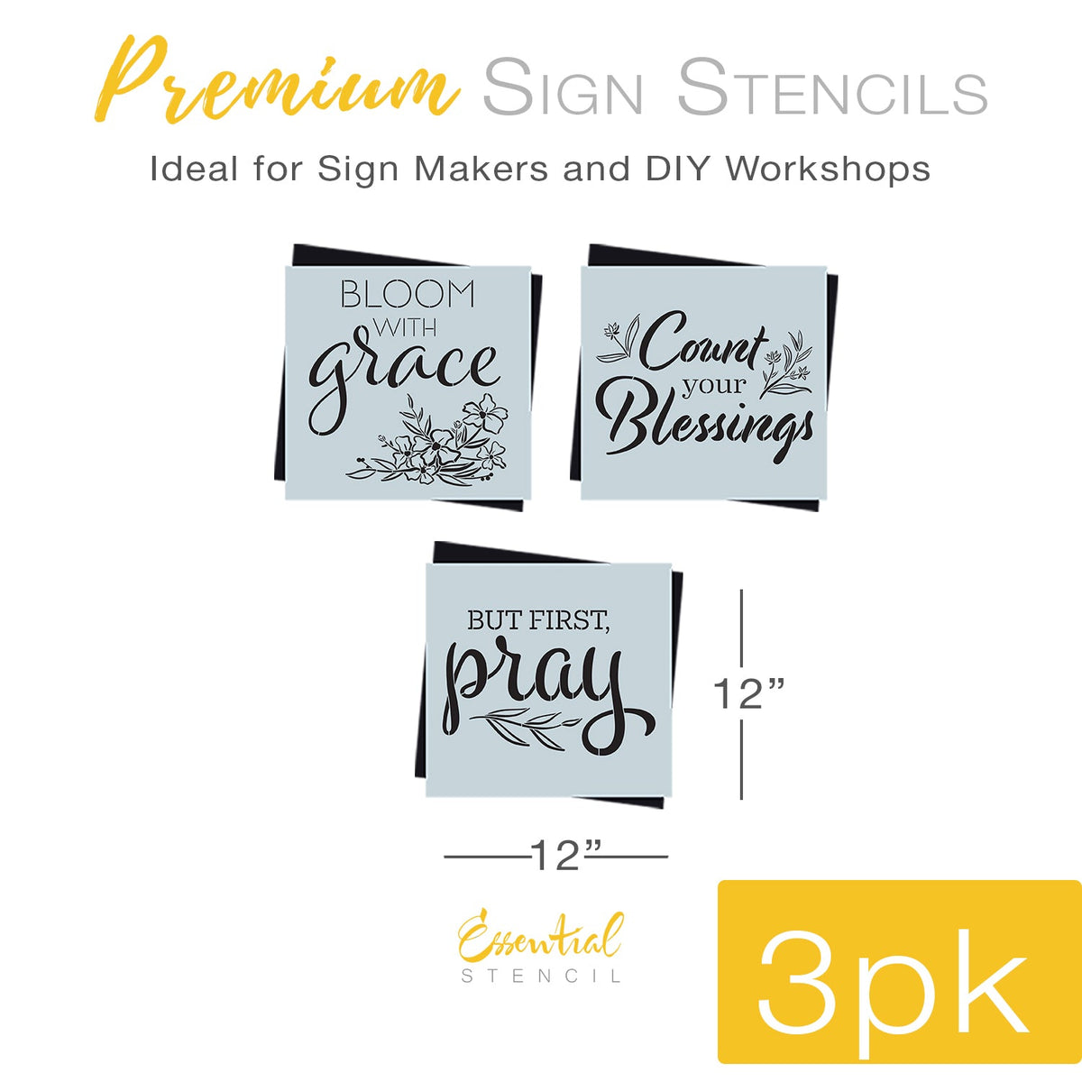 DIY reusable spring faith wood sign stencils, easter stencils, bloom with grace wood sign stencil, count your blessings wood sign stencil, but first pray wood sign stencil, christian spring diy home decor