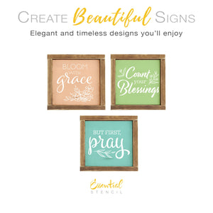 DIY reusable spring faith wood sign stencils, easter stencils, bloom with grace wood sign stencil, count your blessings wood sign stencil, but first pray wood sign stencil, christian spring diy home decor