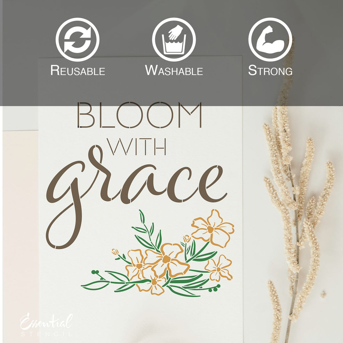 DIY reusable spring faith wood sign stencils, easter stencils, bloom with grace wood sign stencil, count your blessings wood sign stencil, but first pray wood sign stencil, christian spring diy home decor