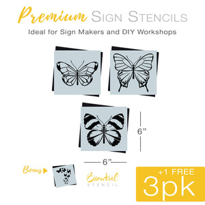 DIY reusable spring butterfly silhouette sign stencils, floating butterflies sign stencil, Monarch butterfly stencil, swallowtail butterfly stencil, Alpine Butler butterfly stencil, small shelf and tiered tray spring butterfly decor