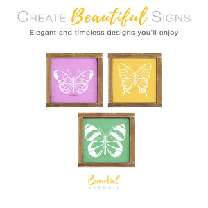 DIY reusable spring butterfly silhouette sign stencils, floating butterflies sign stencil, Monarch butterfly stencil, swallowtail butterfly stencil, Alpine Butler butterfly stencil, small shelf and tiered tray spring butterfly decor