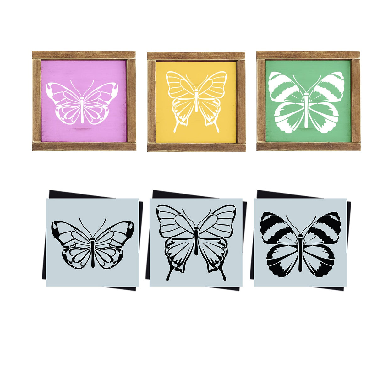 DIY reusable spring butterfly silhouette sign stencils, floating butterflies sign stencil, Monarch butterfly stencil, swallowtail butterfly stencil, Alpine Butler butterfly stencil, small shelf and tiered tray spring butterfly decor