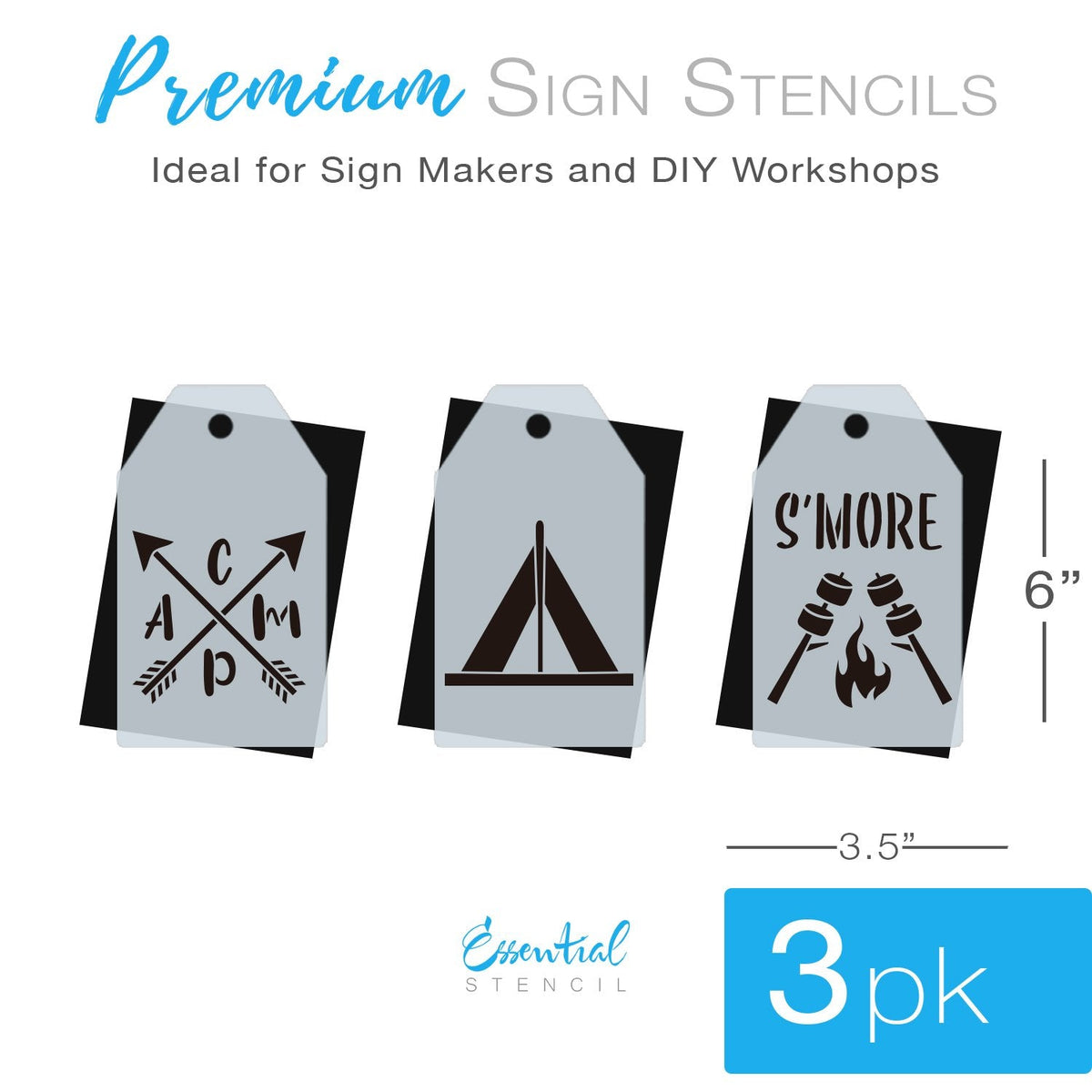 DIY reusable camping stencils, mini tag camping stencils, CAMP with arrows stencil, Tent stencil, S'more stencils, smore stencils, campfire stencil 