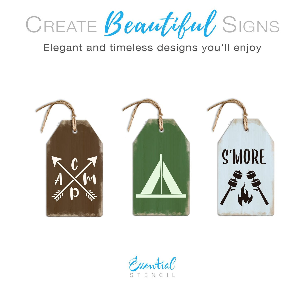 DIY reusable camping stencils, mini tag camping stencils, CAMP with arrows stencil, Tent stencil, S'more stencils, smore stencils, campfire stencil 