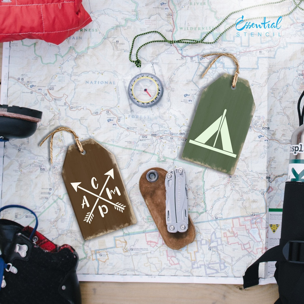 DIY reusable camping stencils, mini tag camping stencils, CAMP with arrows stencil, Tent stencil, S'more stencils, smore stencils, campfire stencil