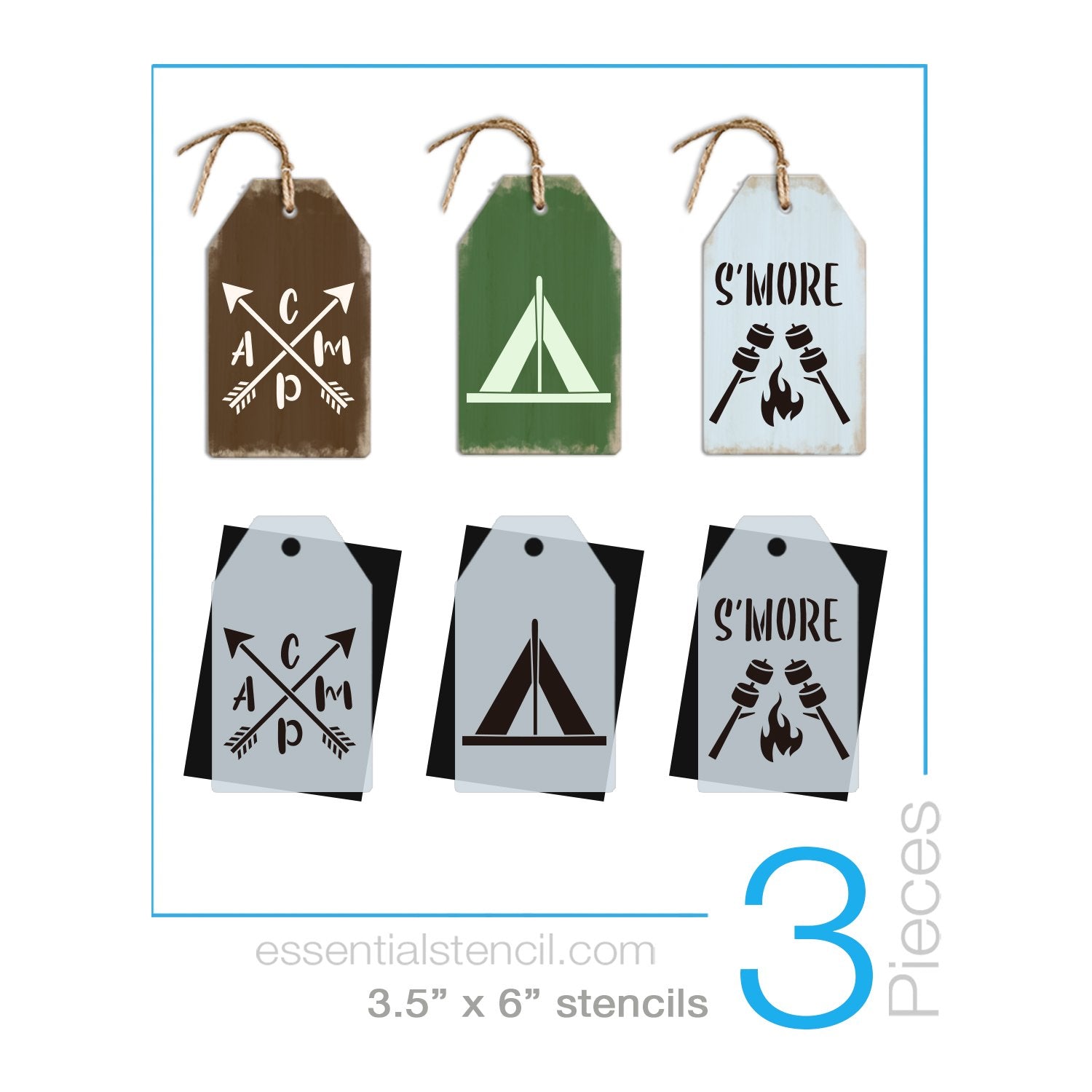 DIY reusable camping stencils, mini tag camping stencils, CAMP with arrows stencil, Tent stencil, S'more stencils, smore stencils, campfire stencil 