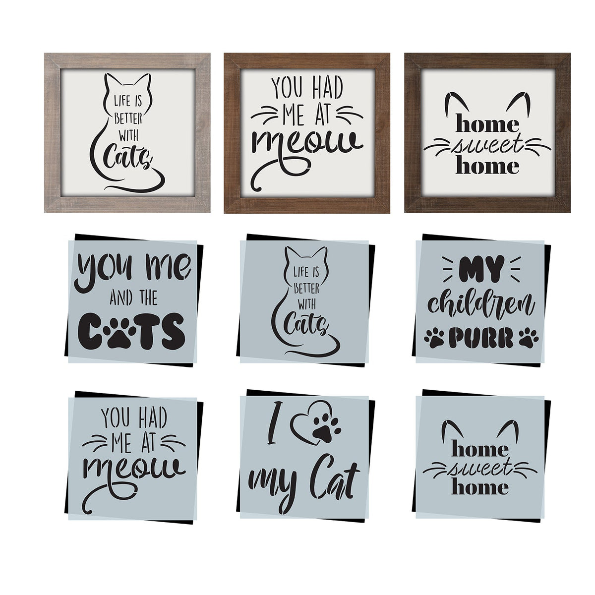 diy reusable pet stencils, mini wood cat sign stencils, mini home cat signs, you me and the cats sign stencil, life is better with cats sign stencil, my children purr sign stencil, cat paws sign stencil, you had me at meow sign stencil, cat whiskers stencil, I heart my cat sign stencil, cat home sweet home sign stencil, one cat short of crazy sign stencils,