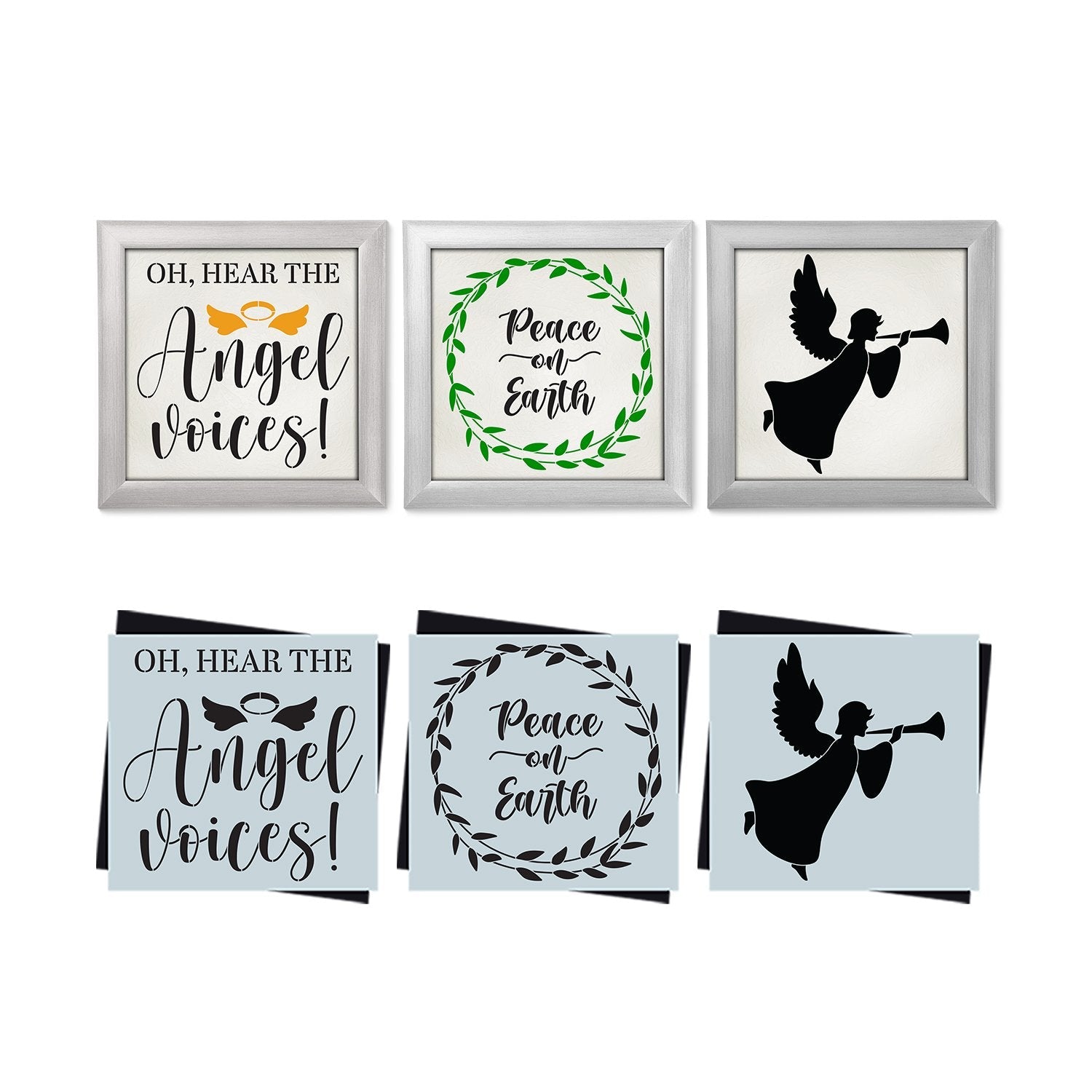 DIY reusable farmhouse Christmas template, reusable farmhouse Christmas sign stencil, Christmas stencils, diy Christmas home decor, Christmas Angel silhouette template, Oh, hear the angel voices! sign stencil, Peace on earth sign stencil