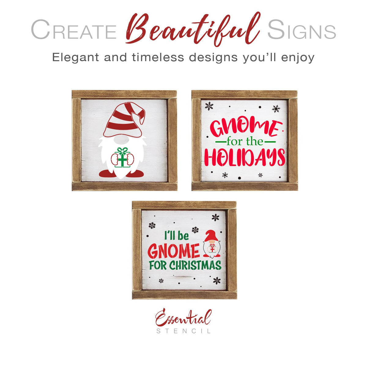 DIY reusable Christmas Farmhouse Gnome wood sign stencils, Gnome silhouette stencil, Gnome holding present sign stencil, Gnome for the holidays Christmas wood sign stencil, I'll be gnome for Christmas modern rustic farmhouse wood sign stencil
