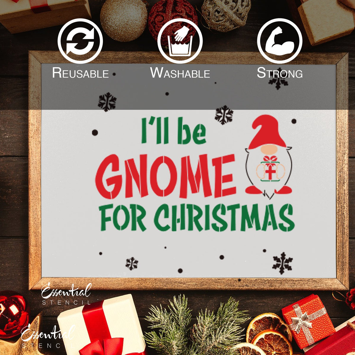 DIY reusable Christmas Farmhouse Gnome wood sign stencils, Gnome silhouette stencil, Gnome holding present sign stencil, Gnome for the holidays Christmas wood sign stencil, I'll be gnome for Christmas modern rustic farmhouse wood sign stencil