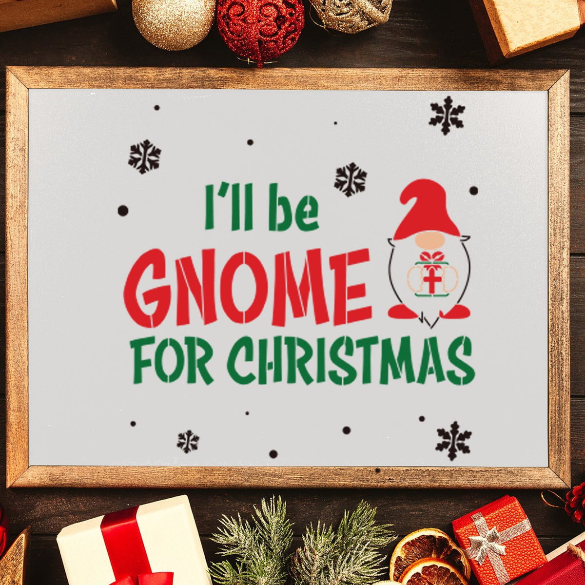DIY reusable Christmas Farmhouse Gnome wood sign stencils, Gnome silhouette stencil, Gnome holding present sign stencil, Gnome for the holidays Christmas wood sign stencil, I'll be gnome for Christmas modern rustic farmhouse wood sign stencil