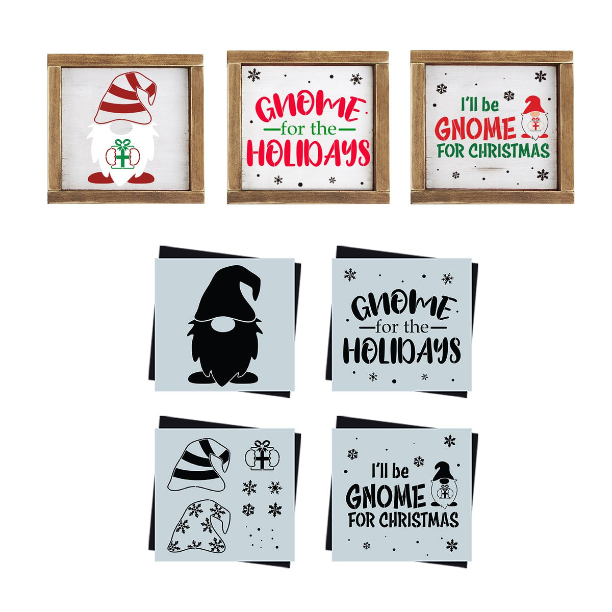 DIY reusable Christmas Farmhouse Gnome wood sign stencils, Gnome silhouette stencil, Gnome holding present sign stencil, Gnome for the holidays Christmas wood sign stencil, I'll be gnome for Christmas modern rustic farmhouse wood  sign stencil