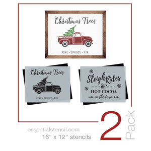 Reusable Christmas Sign Stencils for painting wood signs | DIY Farmhouse Christmas Decor | Vintage Christmas Tree Truck Stencil & Sleigh Rides and Hot Cocoa on the Farm Stencil