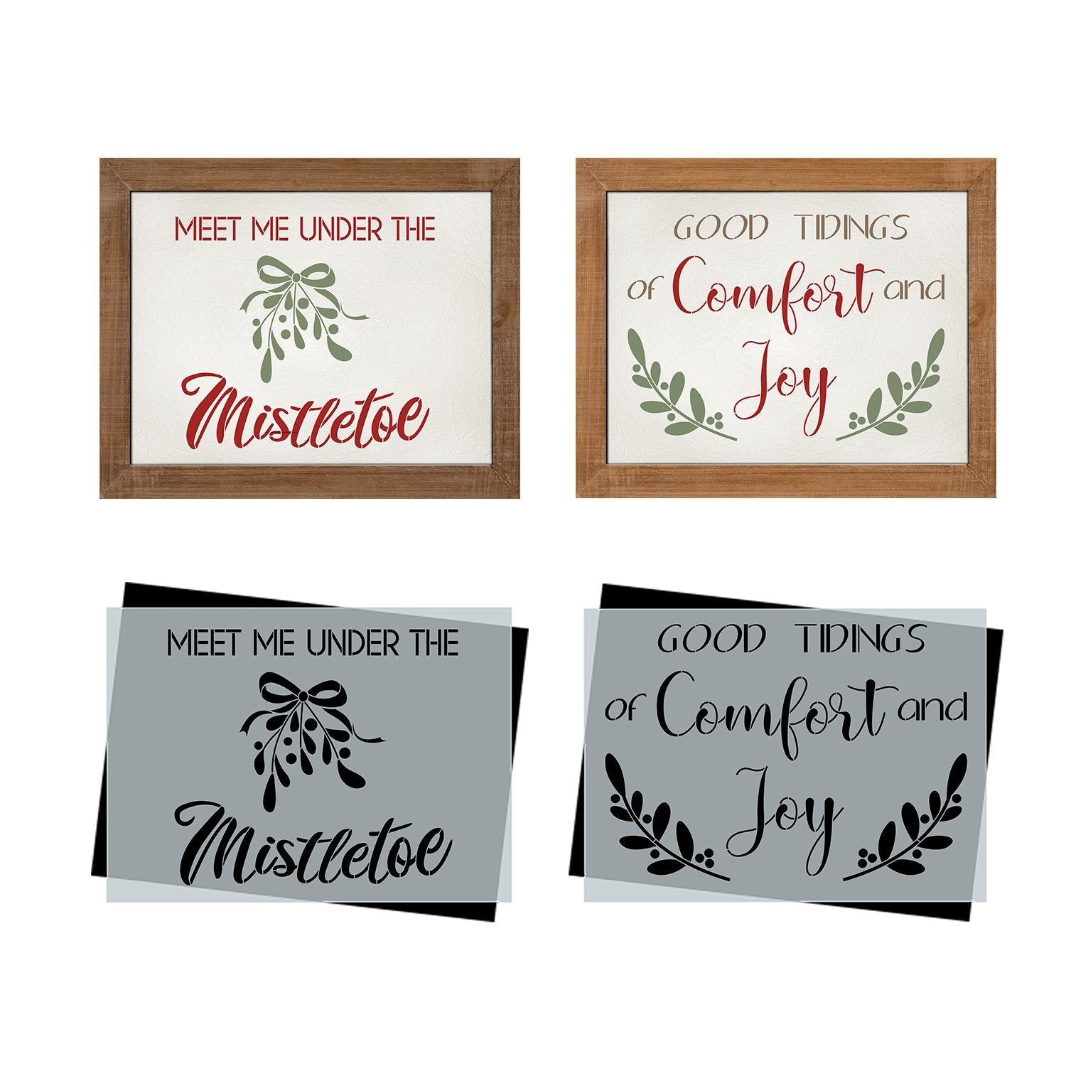 DIY reusable farmhouse Christmas template, reusable farmhouse Christmas sign stencil, Christmas stencils, meet me under the mistletoe sign stencil, good tidings of comfort and joy sign stencil, diy Christmas home decor