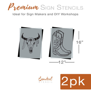 DIY reusable boho farmhouse cow skull and boots stencils for wood signs, cow skull with feathers boho stencil, cowboy boots stencil, cowgirl boots wood sign stencil, southwestern diy home decor