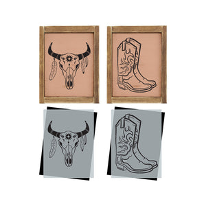 DIY reusable boho farmhouse cow skull and boots stencils for wood signs, cow skull with feathers boho stencil, cowboy boots stencil, cowgirl boots wood sign stencil, southwestern diy home decor