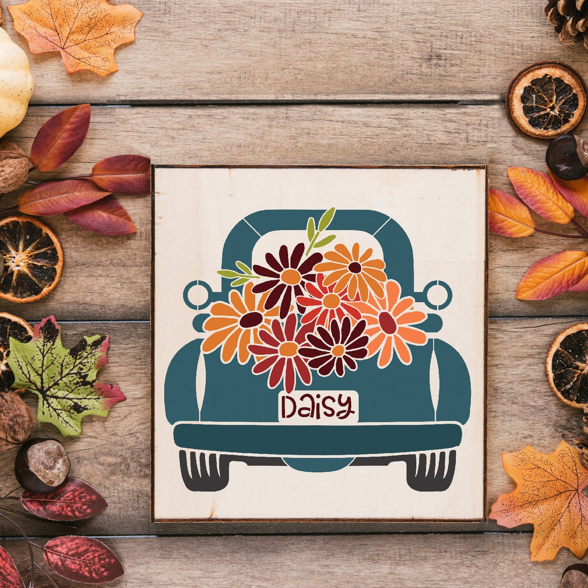 DIY reusable daisy vintage truck stencil, fall vintage truck template, daisy pattern stencil, daisy flowers stencil, vintage truck wood sign