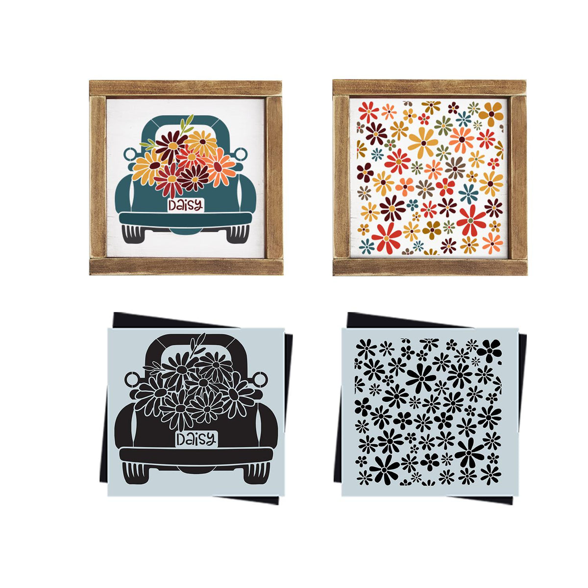 DIY reusable daisy vintage truck stencil, fall vintage truck template, daisy pattern stencil, daisy flowers stencil, vintage truck wood sign
