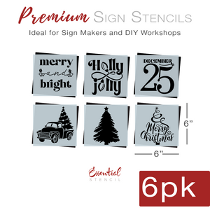 DIY farmhouse Christmas stencils for painting mini wood signs, DIY christmas tiered tray wood signs stencils, merry and bright stencil, holly jolly stencil, December 25 stencil, Christmas tree vintage truck, Christmas tree silhouette with star, abstract merry christmas tree stencil for mini wood sign, DIY holiday crafts