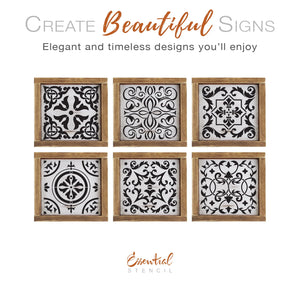 diy resuable mylar mexican tiles stencils, Mexican farmhouse wood signs, spanish inspired diy home decor, spanish tiles signs, stencils, spanish pattern wood sign stencil, tiered tray tile pattern