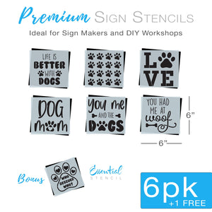 DIY reusable pet wood sign stencils, new puppy gift ideas, diy dog sign stencils, L paw print V E sign stencil, you me and the dogs wood sign stencil with dog bone, you had me at woof sign stencil, life is better with dogs sign stencil, doggie paw prints sign stencil, dog paws stencil, puppy prints sign stencil, dog mom sign stencil, who rescued who dog paw sign stencil