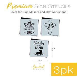 DIY reusable easter wood sign stencils, floral cross silhouette wood sign stencil, worthy is the lamb with lamb silhouette stencil, easter blessings wood sign stencil