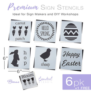 Reusable Spring and Easter Sign Stencils for painting wood signs | DIY Farmhouse Easter Decor | Hello Spring stencil, Carrot patch Stencil, easter egg stencil, Happy Easter stencil, Chick silhouette Cheep stencil, bunny hop silhouette stencil, bloom flowers stencil