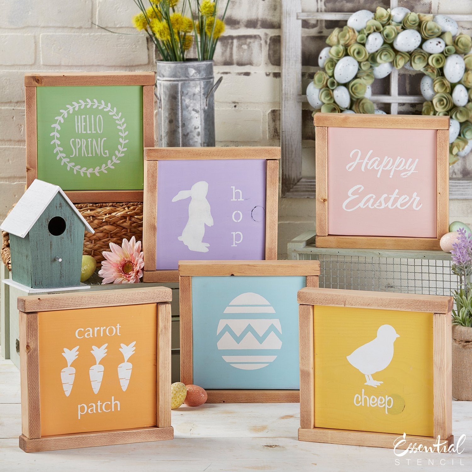 Reusable Spring and Easter Sign Stencils for painting wood signs | DIY Farmhouse Easter Decor | Hello Spring stencil, Carrot patch Stencil, easter egg stencil, Happy Easter stencil, Chick silhouette Cheep stencil, bunny hop silhouette stencil, bloom flowers stencil