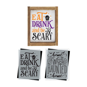 diy reusable halloween farmhouse wood sign stencils, eat drink and be scary wood sign stencil, home sweet haunted home wood sign stencil, diy halloween signs, halloween stencil cut outs, halloween crafts