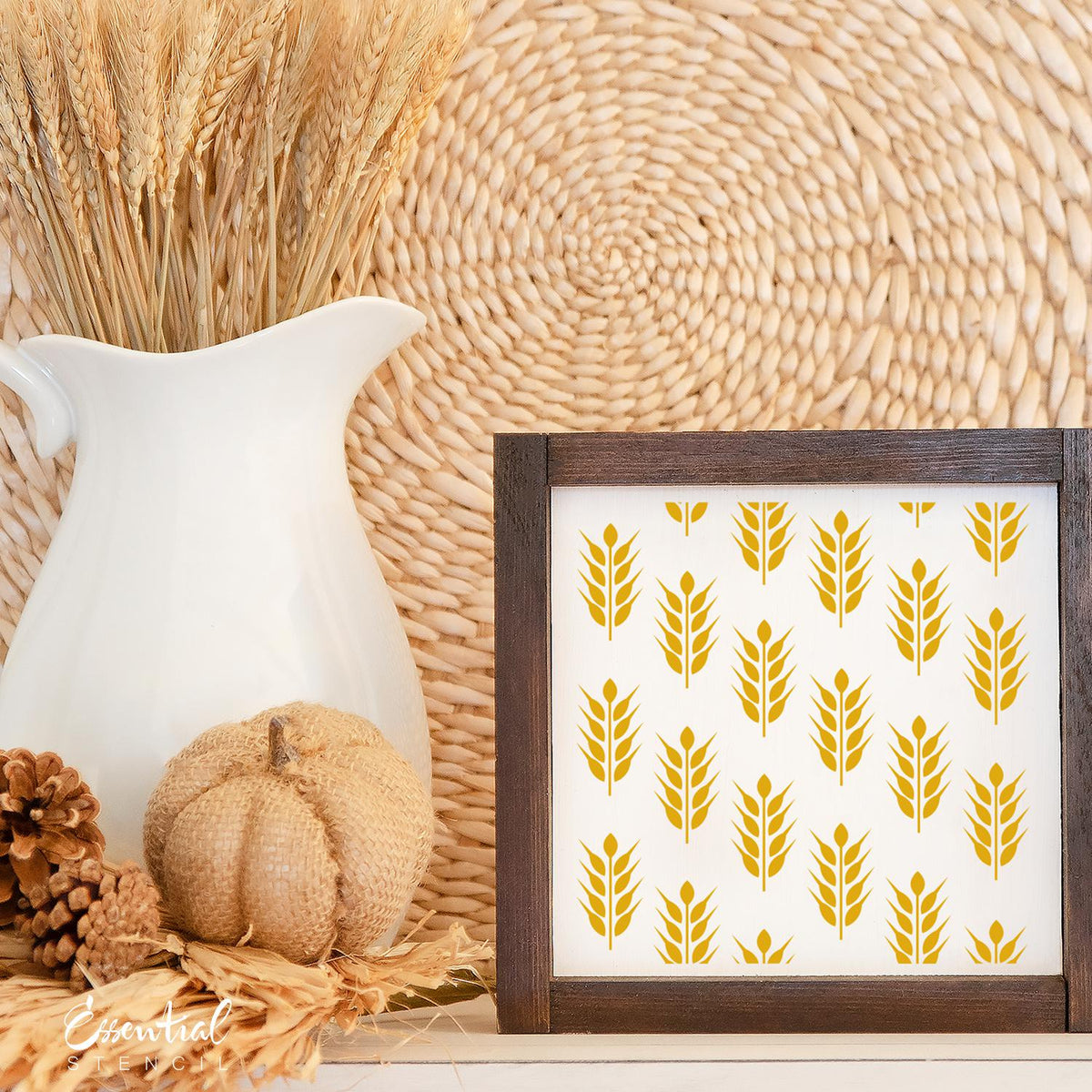 DIY reusable wheat pattern stencil, botanical stencil, leaf pattern stencil for painting wood signs, pattern for painting backgrounds on wood signs, fall pattern stencils for wood signs, diy minimalist fall decor