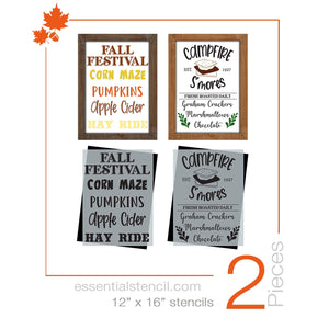 DIY reusable Fall Festival sign stencils, Fall Festival corn maze pumpkins apple cider hay ride sign stencils, Campfire S'mores fresh roasted daily graham crackers marshmallows, chocolate sign stencil, S'more sign stencil