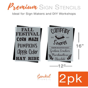 DIY reusable Fall Festival sign stencils, Fall Festival corn maze pumpkins apple cider hay ride sign stencils, Campfire S'mores fresh roasted daily graham crackers marshmallows, chocolate sign stencil, S'more sign stencil