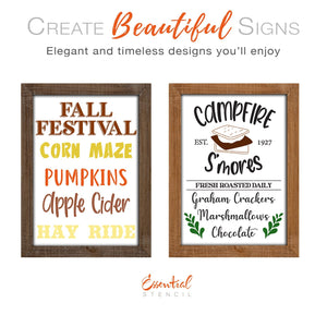 DIY reusable Fall Festival sign stencils, Fall Festival corn maze pumpkins apple cider hay ride sign stencils, Campfire S'mores fresh roasted daily graham crackers marshmallows, chocolate sign stencil, S'more sign stencil