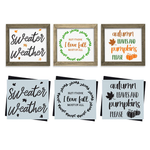 DIY reusable mini fall most of all sign stencils, Sweater Weather sign stencil, but i think i love fall most of all sign stencil, autumn leaves and pumpkins please mini sign stencil, diy fall home decor, diy tiered tray fall decor